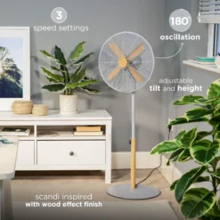 Russell Hobbs 16" Scandi Pedestal Fan in Grey and Wood Effect -russell hobbs Sales rhmpf1601wdg lifestyle 2000px 01 1